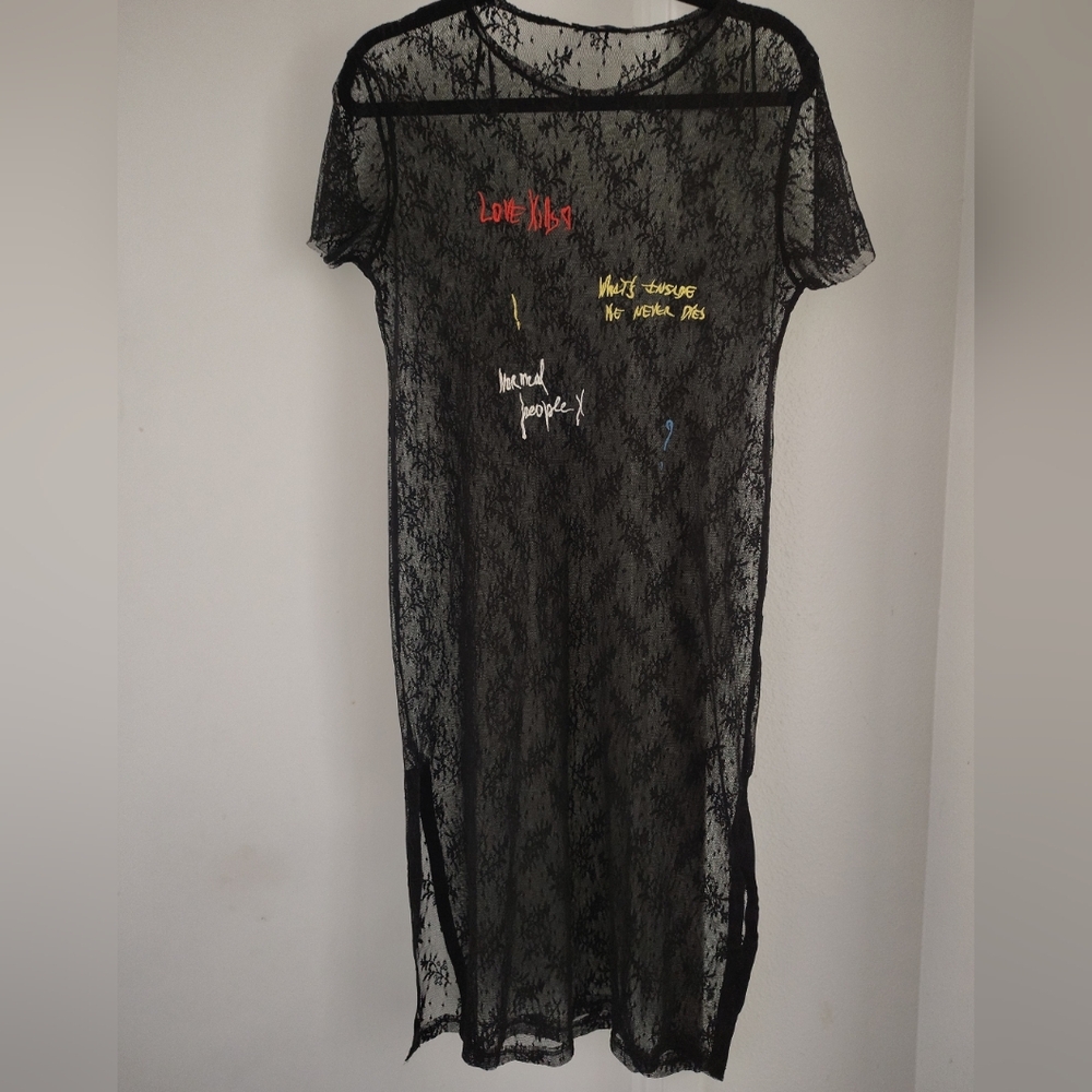 Zara Black Sheer Lace Midi Dress with Multicolor Script